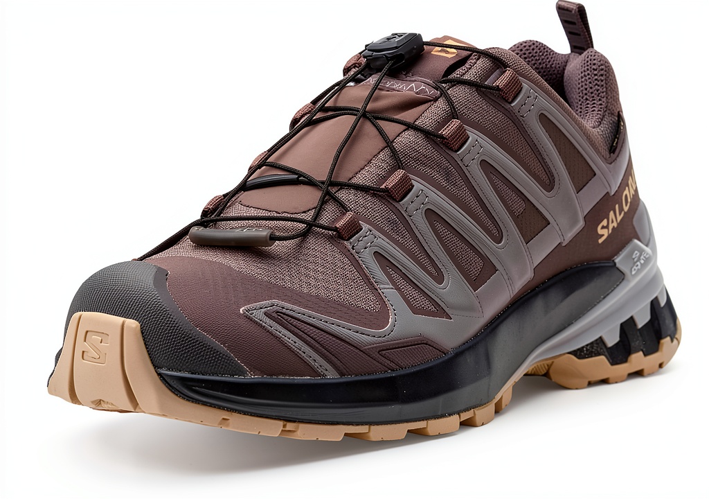 Installing Salomon scarpe da corsa donna Viola Grigio Nero Hzlnut on a wooden desk