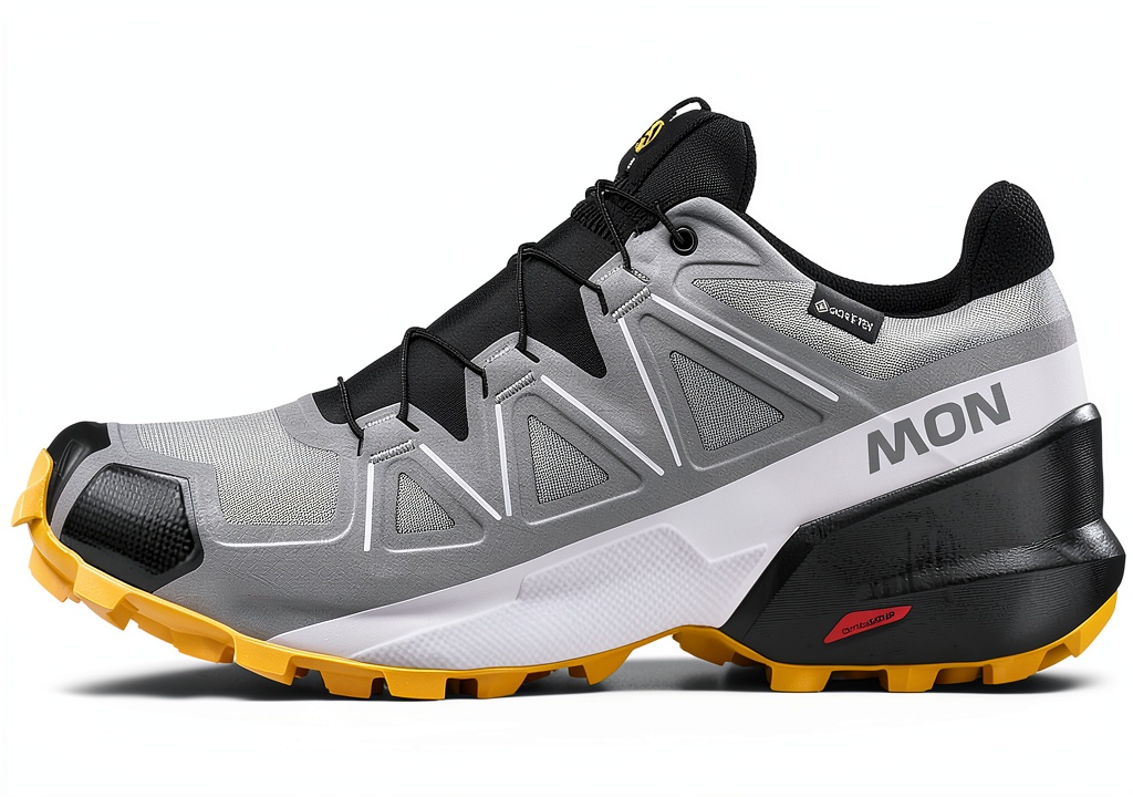Scarpe trail running Salomon uomo GORE‑TX posate su un sentiero di montagna bagnato