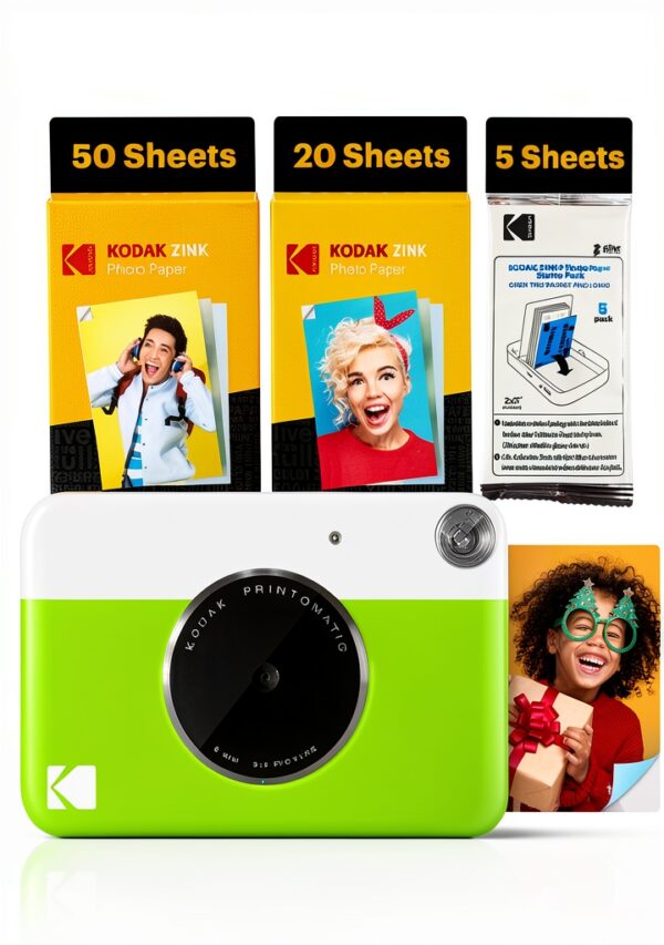 KODAK Printomatic Fotocamera - 75 Fogli - Stampa Zink 2x3” - 5MP, Portatile - Verde, Fotocamera + 75 fogli-0